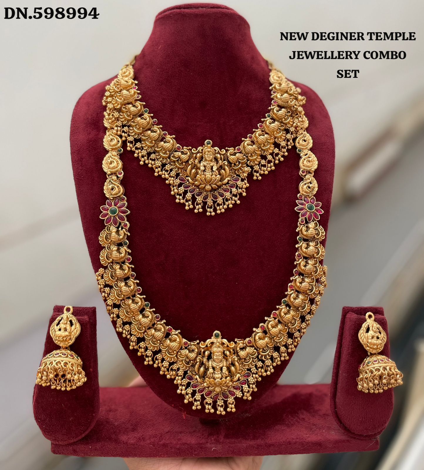 Traditional Temple Design Imitation Jewellery Set – Dual Layered Antique Gold Finish with Goddess Lakshmi Pendant, Intricate Craftsmanship, Floral Detailing