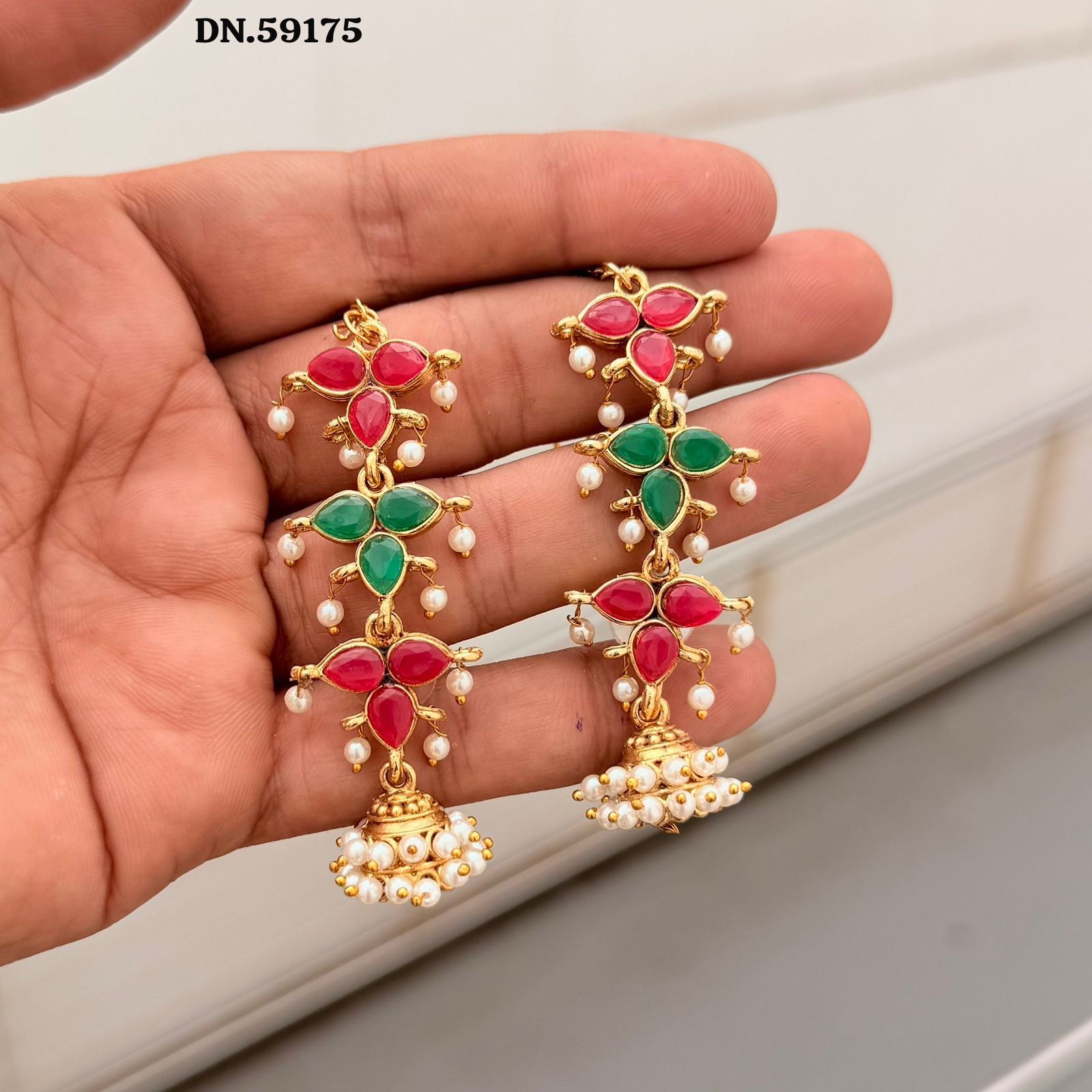 Vibrant Ruby & Emerald Floral Drop Jhumka Earrings with Pearl Accents